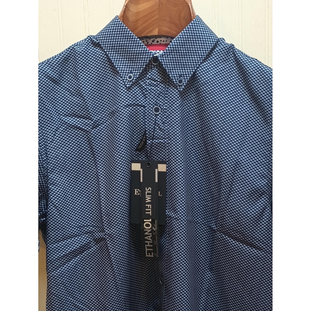 Ethanol‎ NYC Shirt Mens Medium Blue Slim Fit Tech Stretch Button Short Sleeve